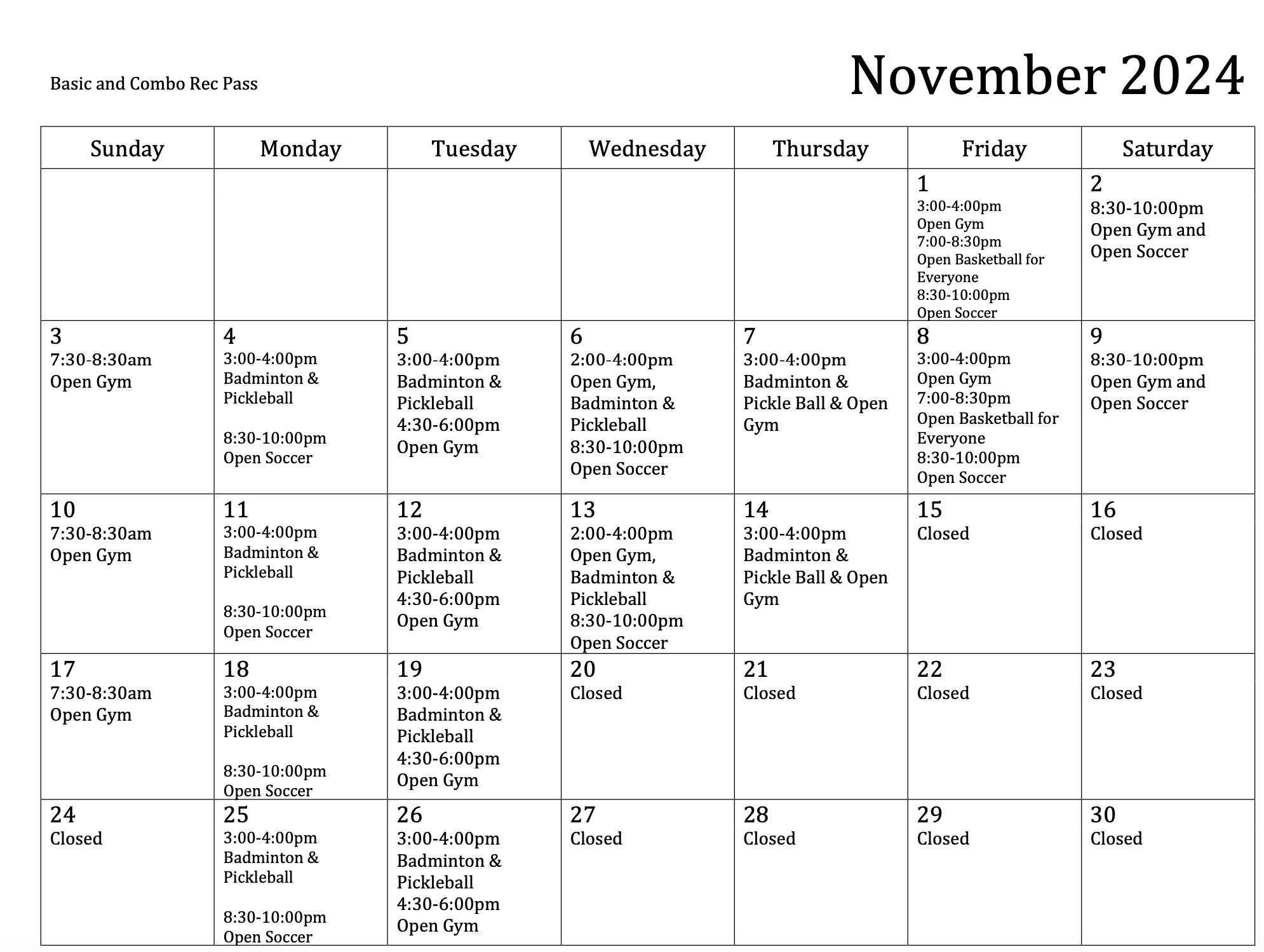 Nov. Rec Pass Schedule